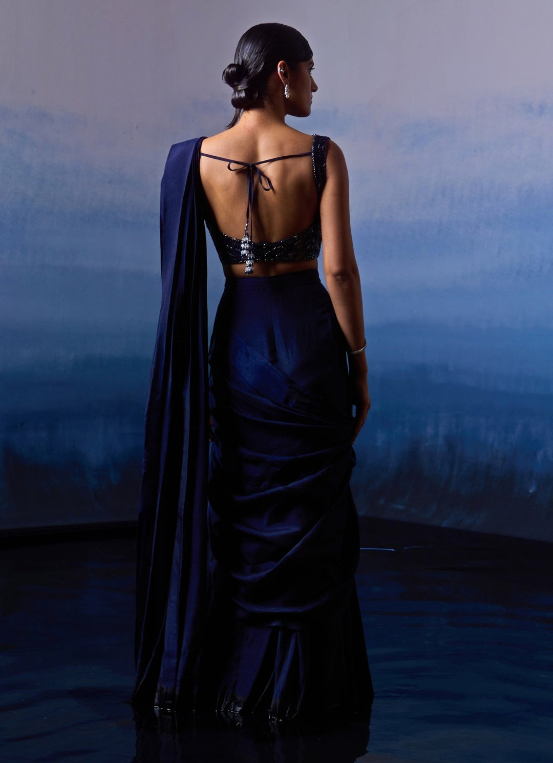 Midnight Blue Silk Sequinned Predraped Saree Angad Singh - Fabilicious Fashion