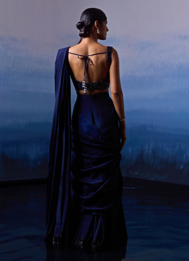Midnight Blue Silk Sequinned Predraped Saree Angad Singh - Fabilicious Fashion