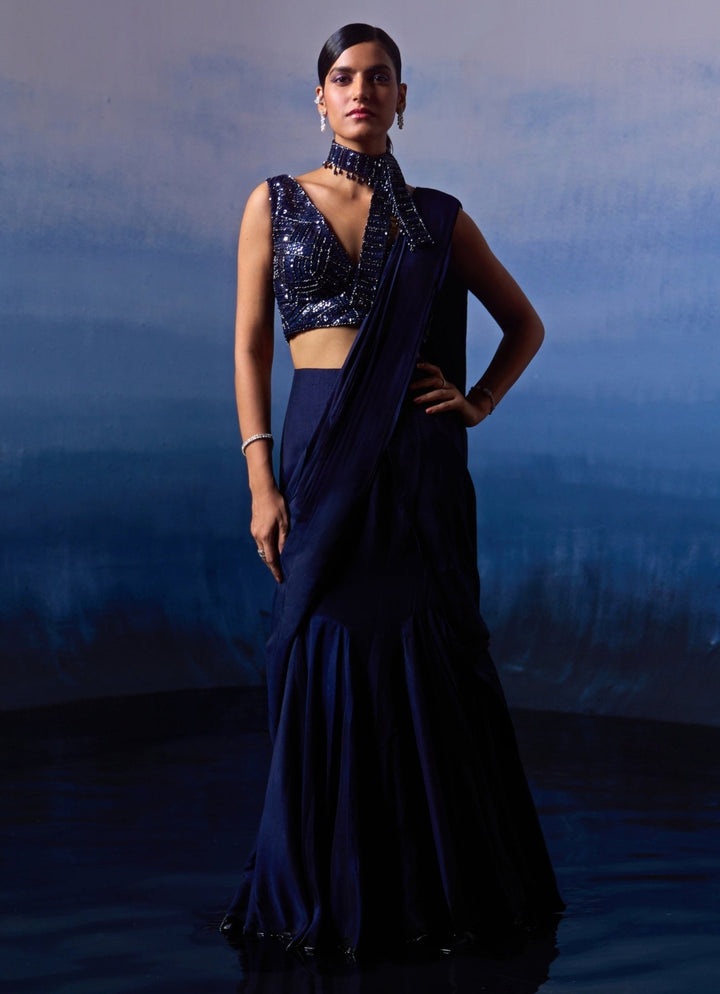 Midnight Blue Silk Sequinned Predraped Saree Angad Singh - Fabilicious Fashion