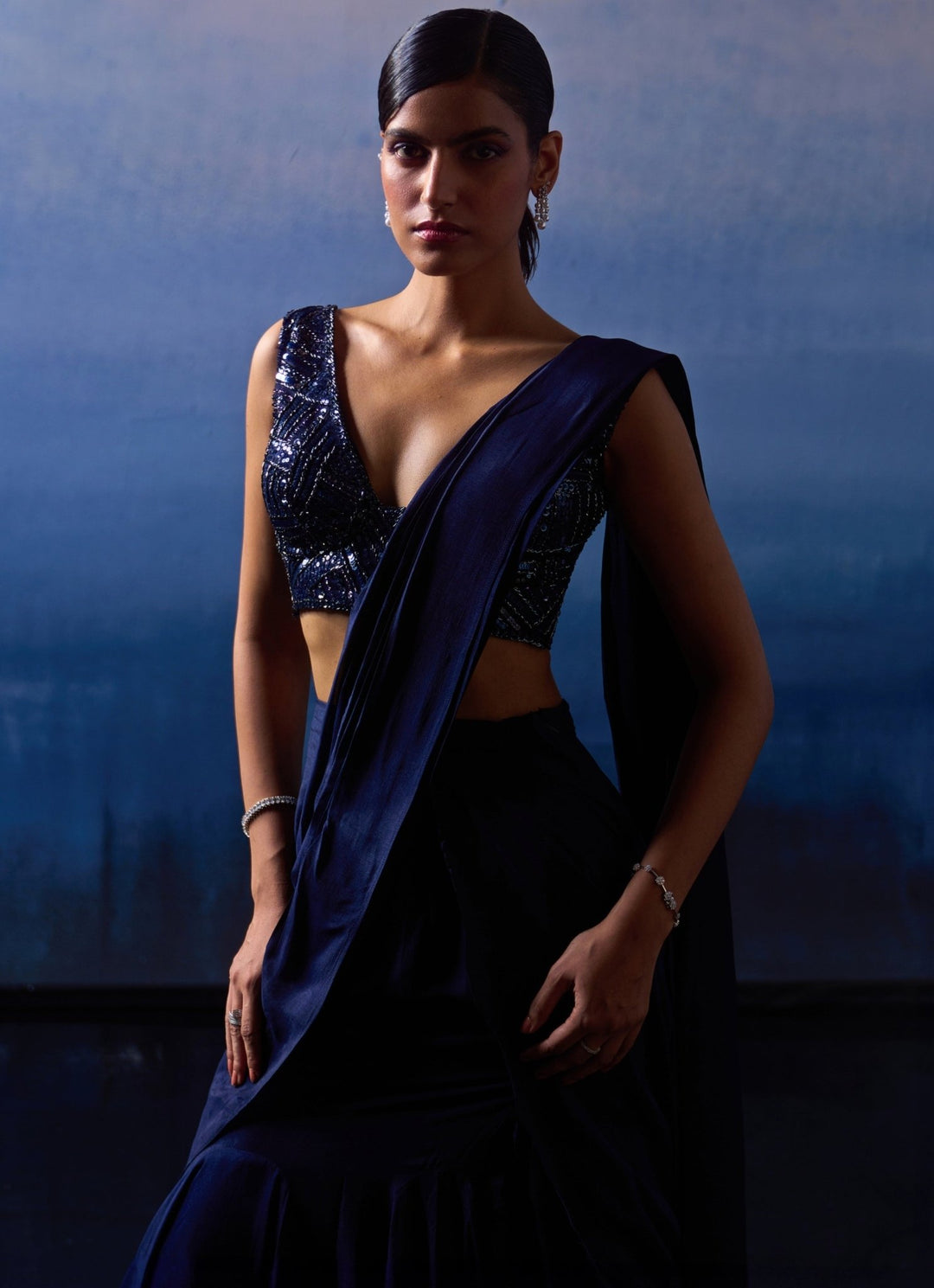Midnight Blue Silk Sequinned Predraped Saree Angad Singh - Fabilicious Fashion