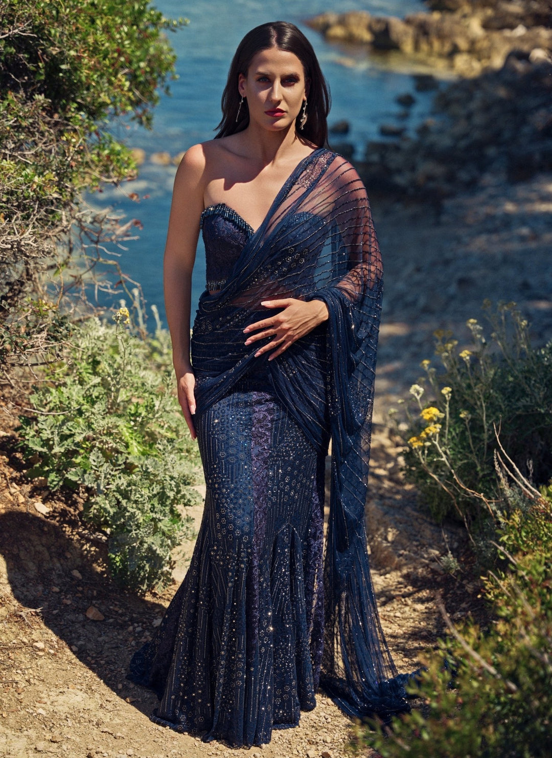 Nitika Gujral Midnight Blue Soft Net Crystal Pre-Draped Saree With CorsetFabilicious Fashion