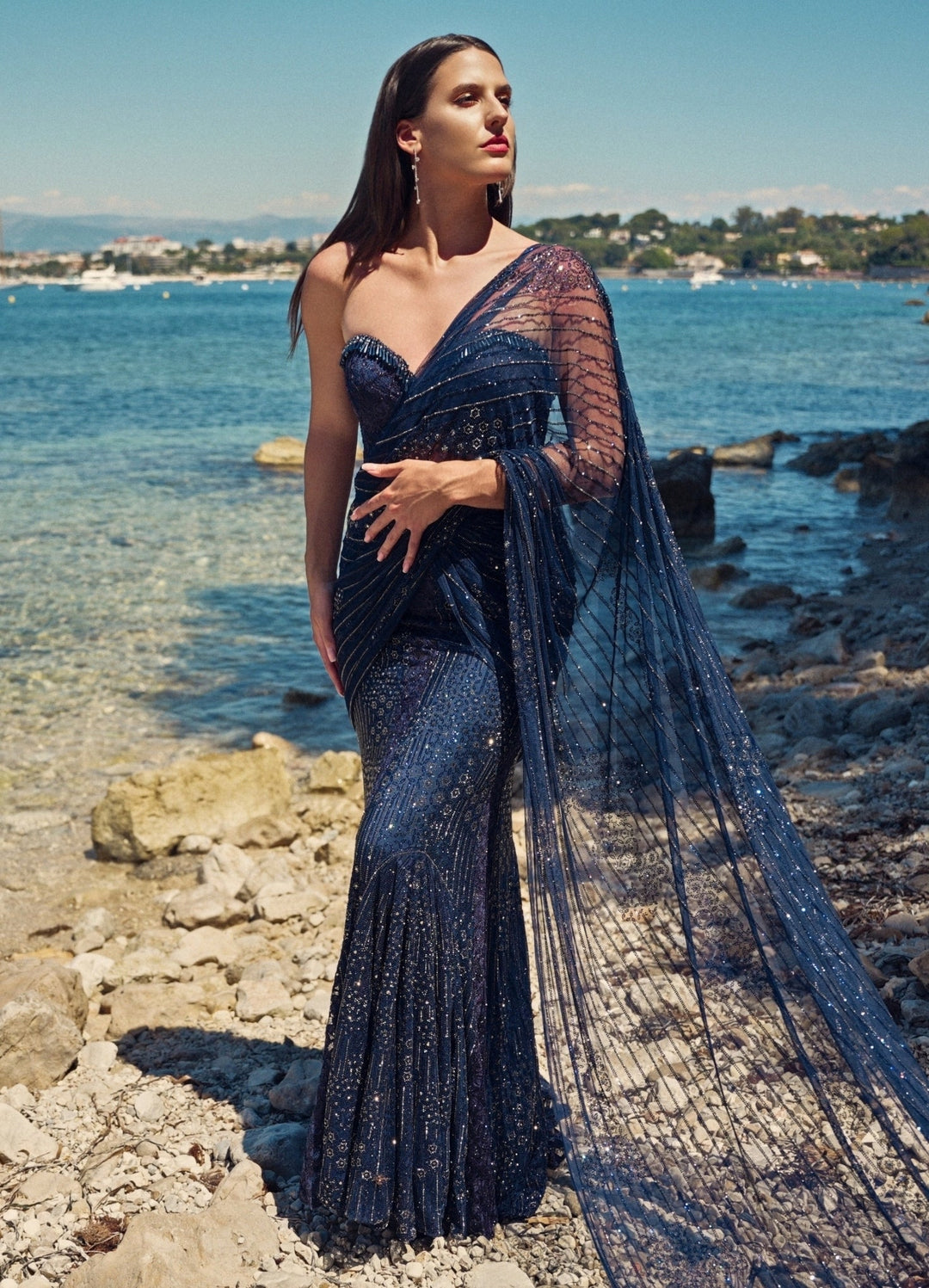 Nitika Gujral Midnight Blue Soft Net Crystal Pre-Draped Saree With CorsetFabilicious Fashion