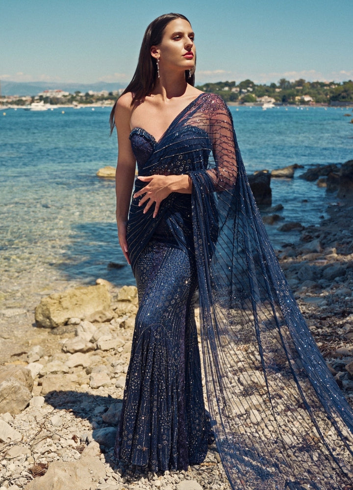 Nitika Gujral Midnight Blue Soft Net Crystal Pre-Draped Saree With CorsetFabilicious Fashion