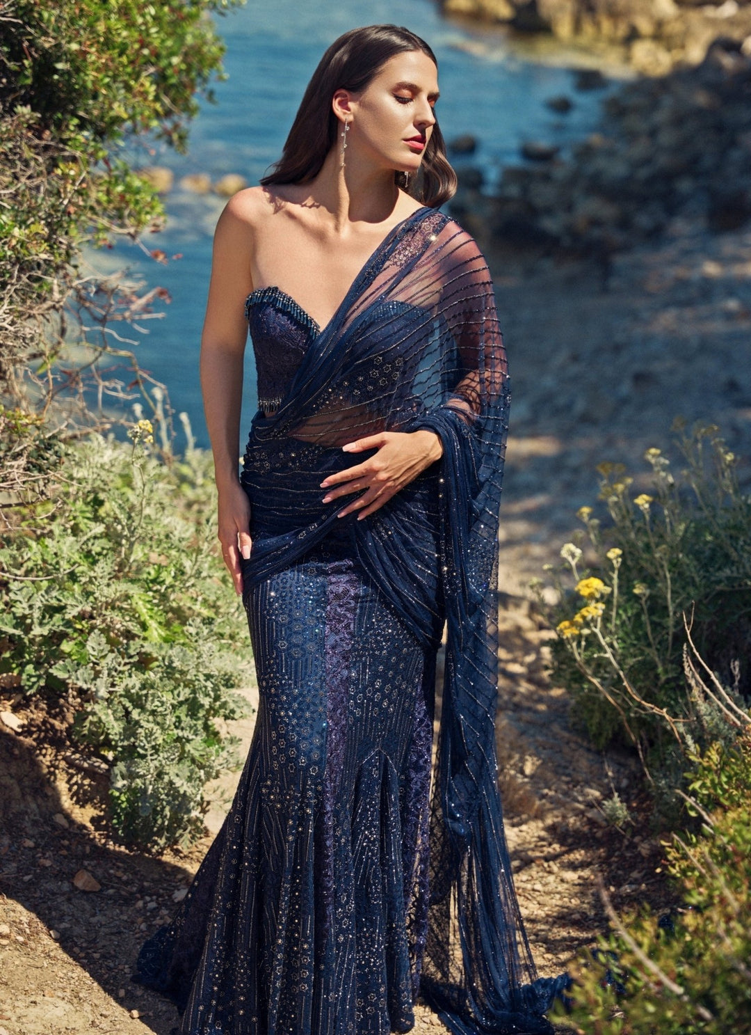 Nitika Gujral Midnight Blue Soft Net Crystal Pre-Draped Saree With CorsetFabilicious Fashion