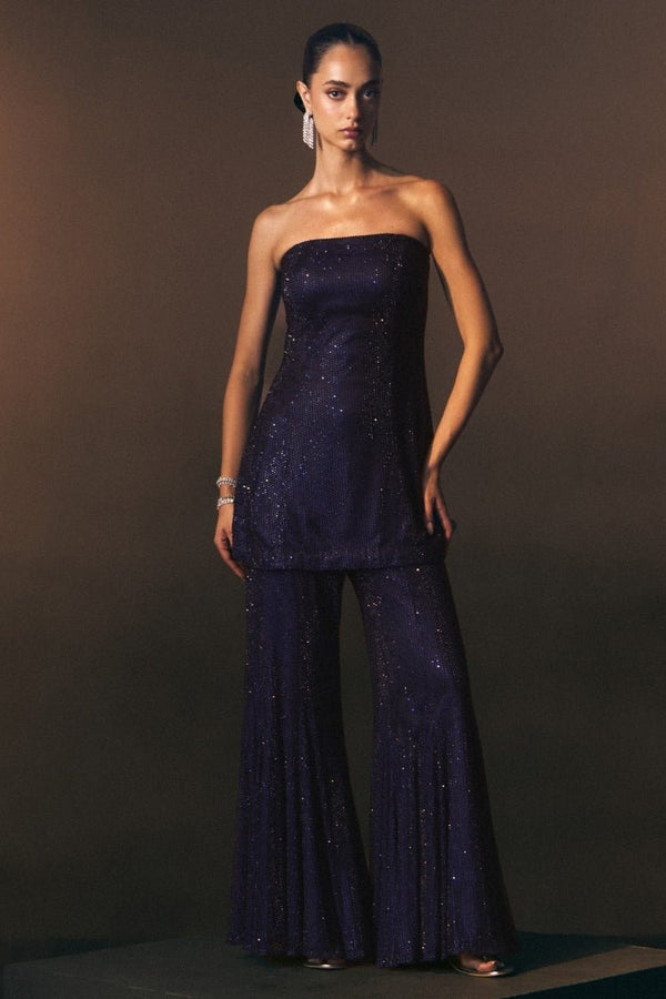 Midnight blue soft net kurta sharara set for a wedding reception by Angad Singh