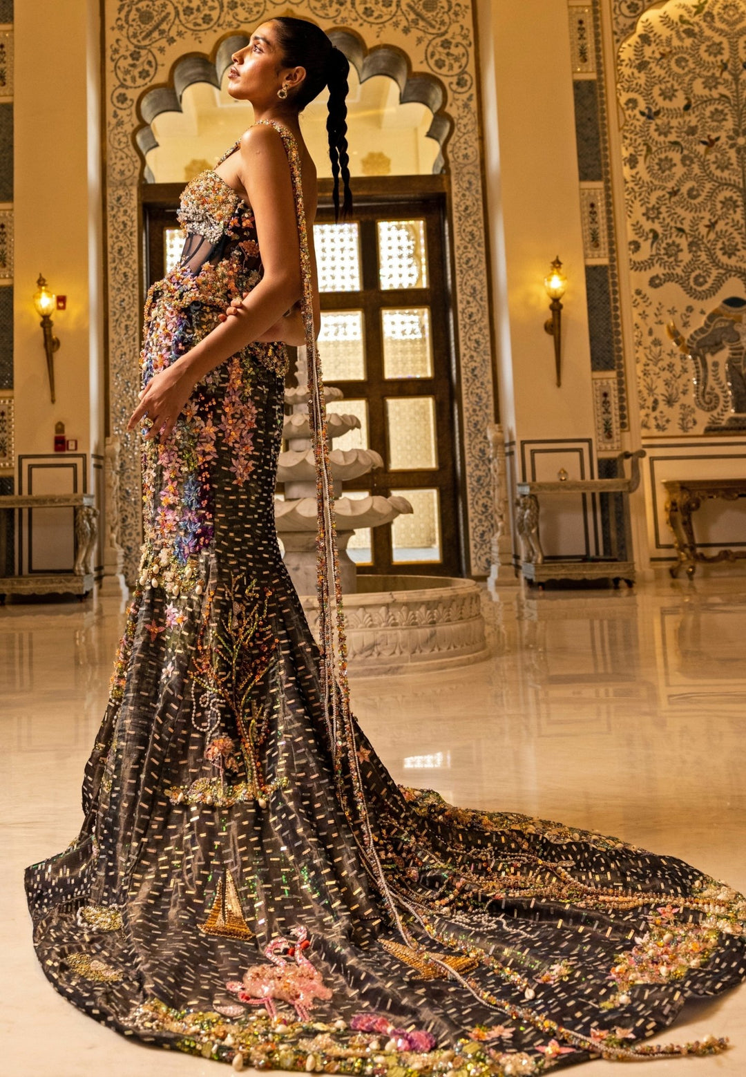 Moledro Midnight Blue Soft Net Mermaid Trail Lehenga With CorsetFabilicious Fashion