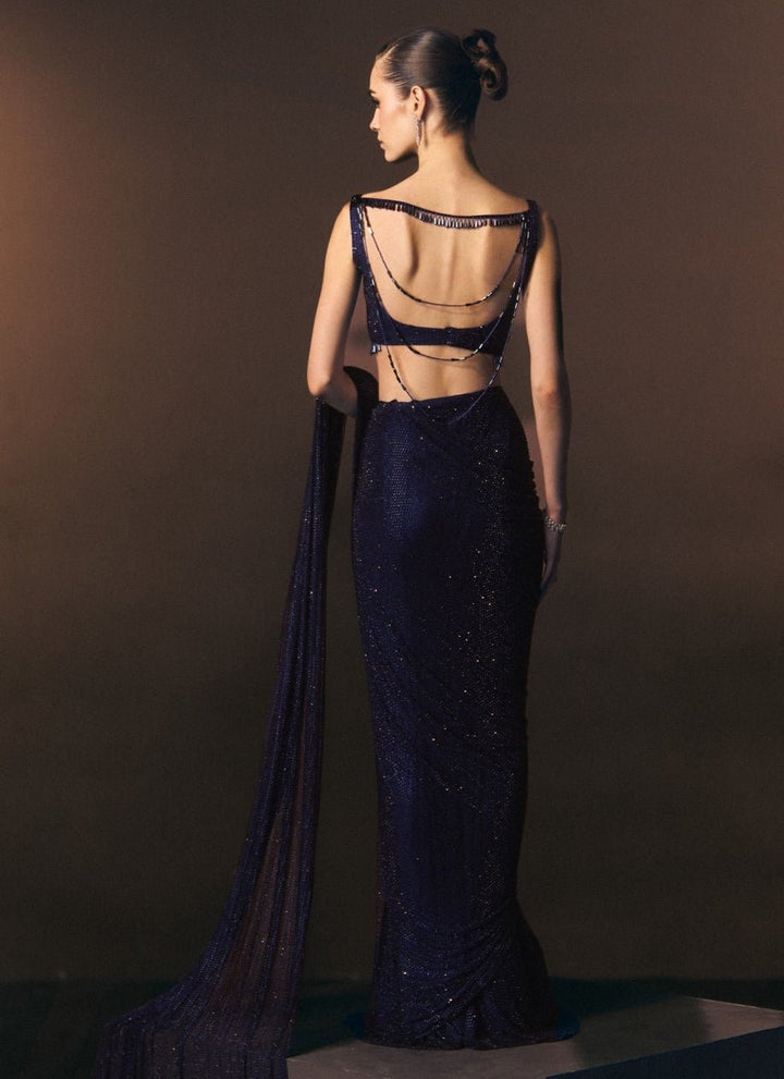 Angad Singh Midnight Blue Soft Net Pre-Draped SareeFabilicious Fashion