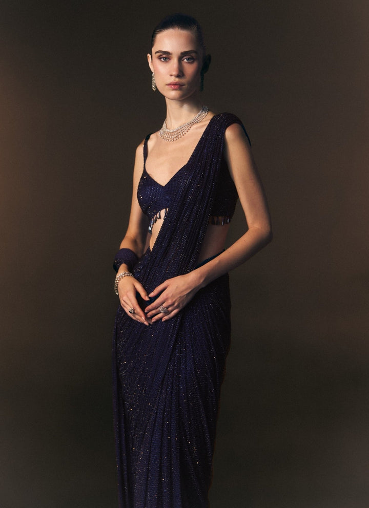 Angad Singh Midnight Blue Soft Net Pre-Draped SareeFabilicious Fashion