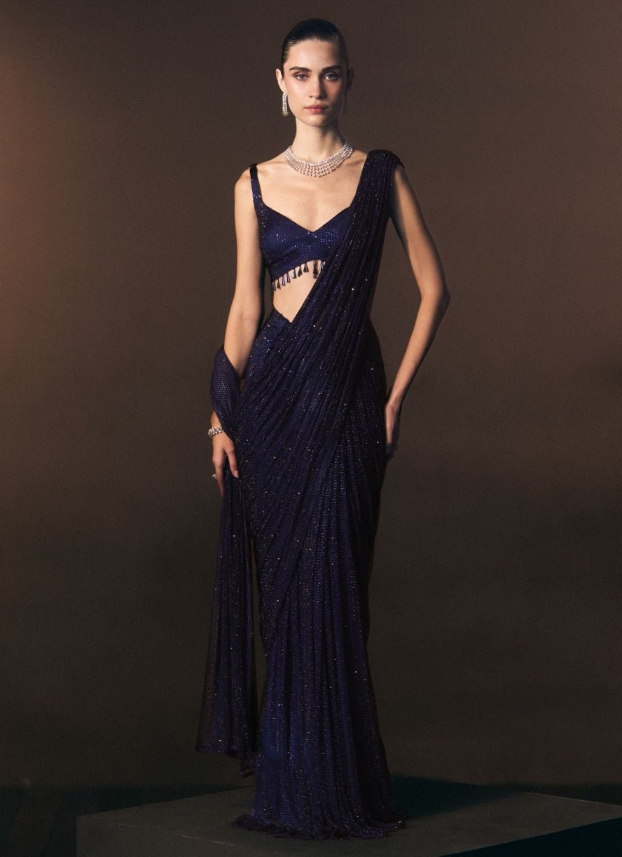 Angad Singh Midnight Blue Soft Net Pre-Draped SareeFabilicious Fashion