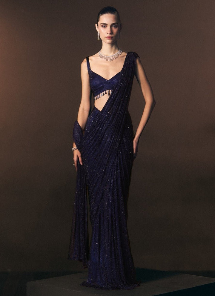 Angad Singh Midnight Blue Soft Net Pre-Draped SareeFabilicious Fashion