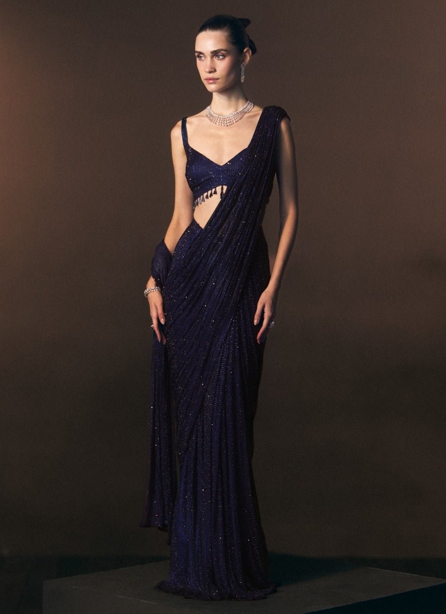 Angad Singh Midnight Blue Soft Net Pre-Draped SareeFabilicious Fashion