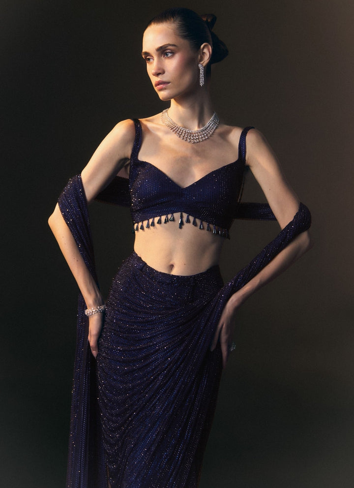 Angad Singh Midnight Blue Soft Net Pre-Draped SareeFabilicious Fashion