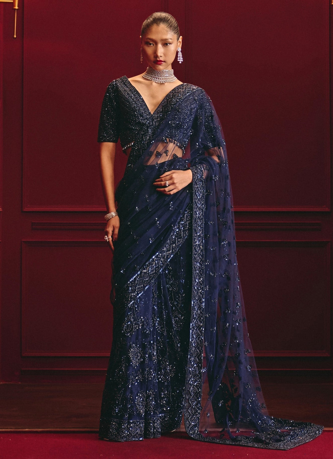 Midnight Blue Soft Net Saree Angad Singh - Fabilicious Fashion