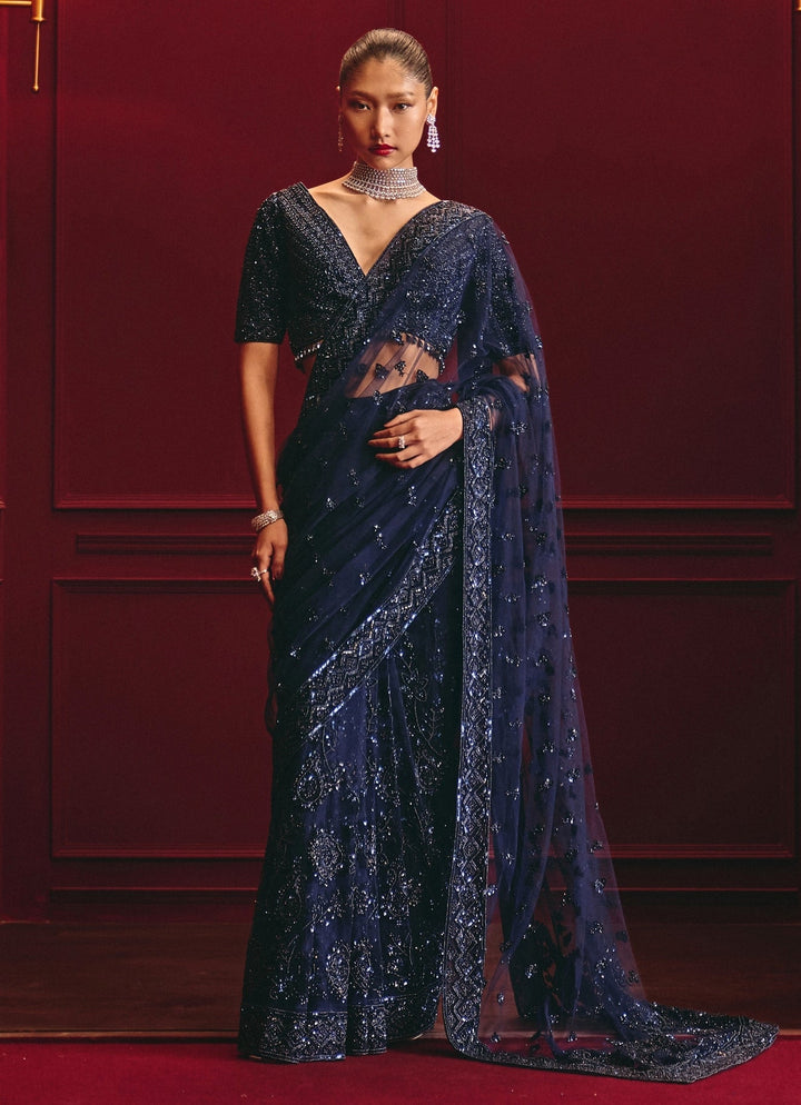 Midnight Blue Soft Net Saree Angad Singh - Fabilicious Fashion