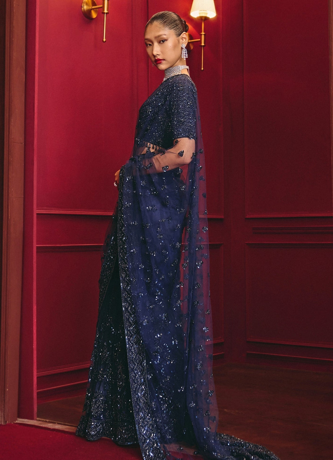 Midnight Blue Soft Net Saree Angad Singh - Fabilicious Fashion