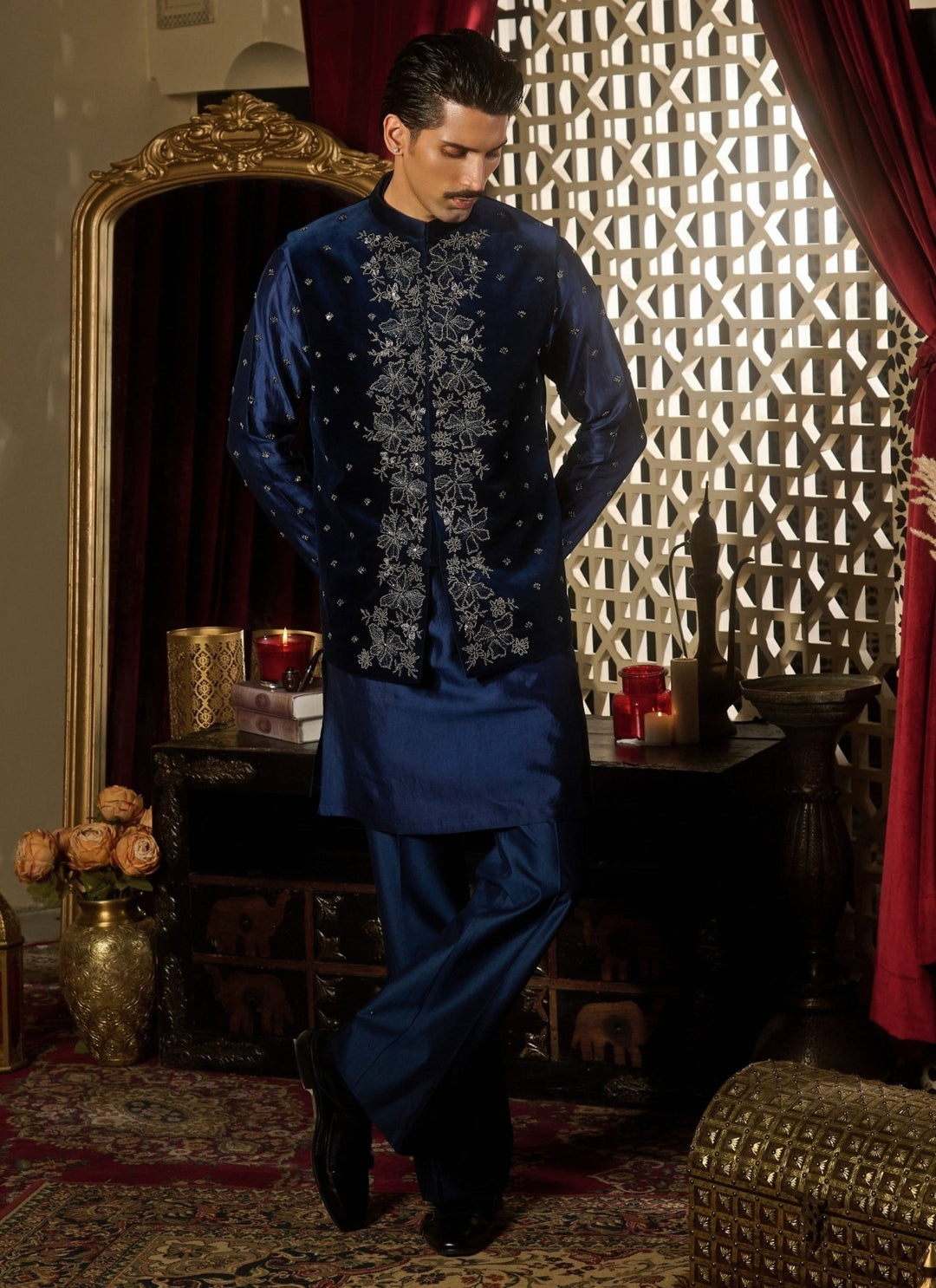 Contrast by Parth Midnight Blue Velvet Nehru Jacket SetFabilicious Fashion