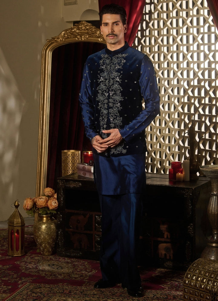 Contrast by Parth Midnight Blue Velvet Nehru Jacket SetFabilicious Fashion