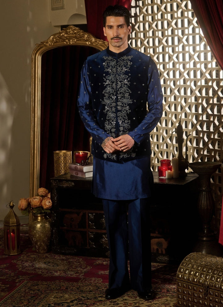 Contrast by Parth Midnight Blue Velvet Nehru Jacket SetFabilicious Fashion