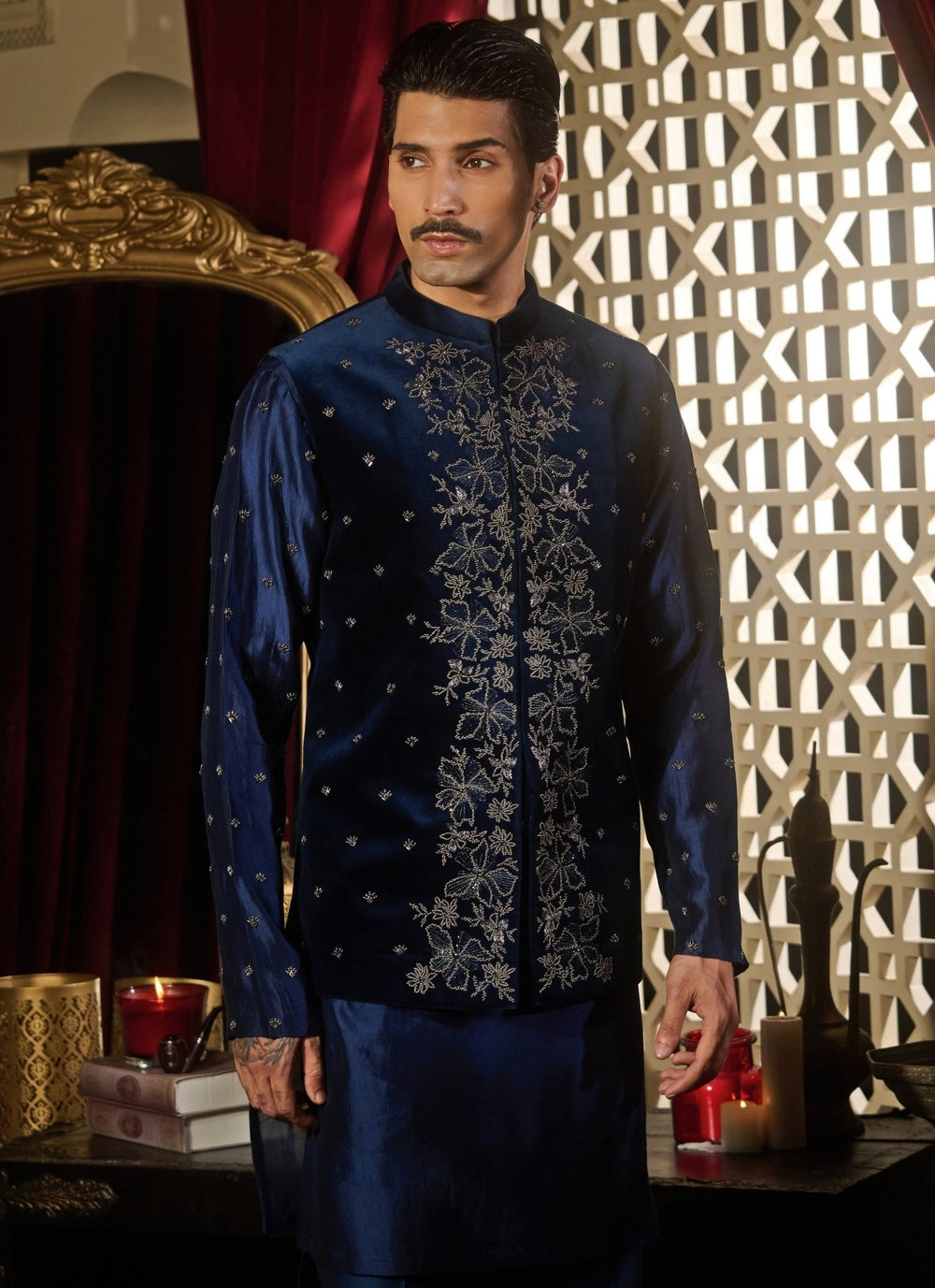 Contrast by Parth Midnight Blue Velvet Nehru Jacket SetFabilicious Fashion