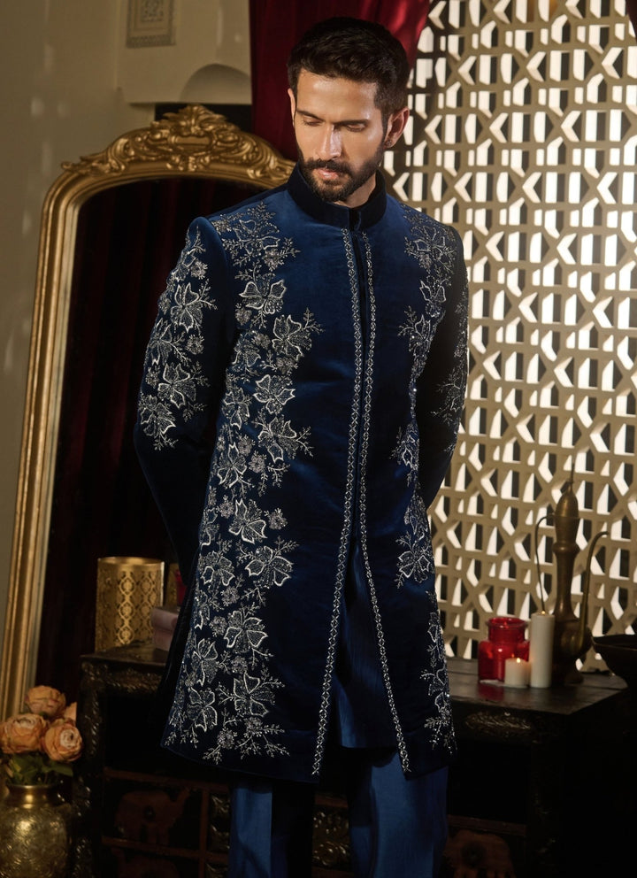 Contrast by Parth Midnight Blue Velvet Sherwani SetFabilicious Fashion