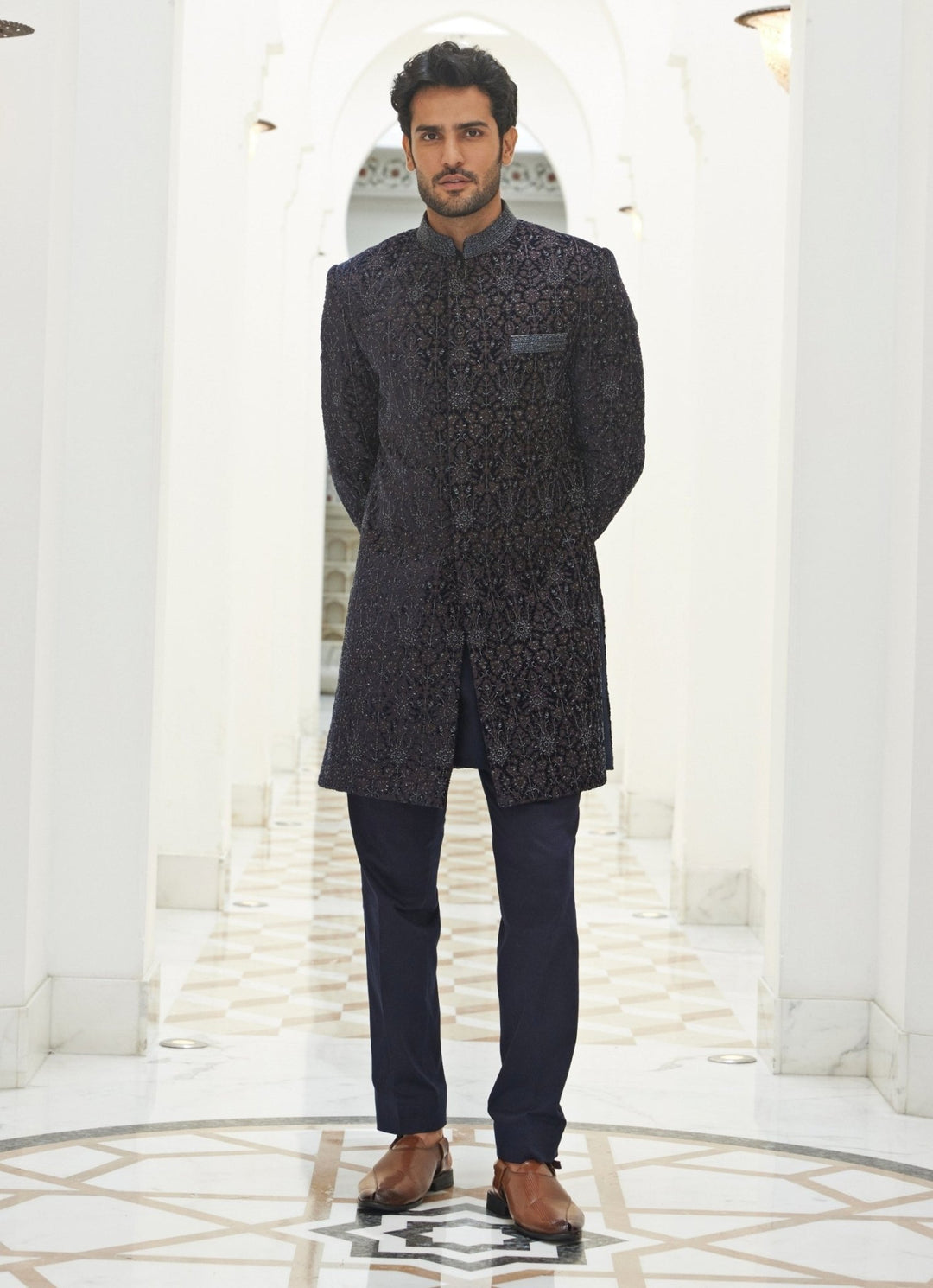 Midnight Blue Velvet Sherwani Set Nitika Gujral - Men - Fabilicious Fashion