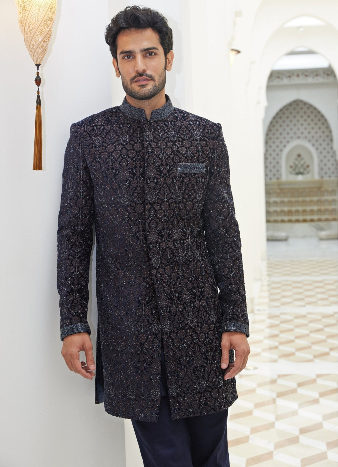 Midnight Blue Velvet Sherwani Set Nitika Gujral - Men - Fabilicious Fashion