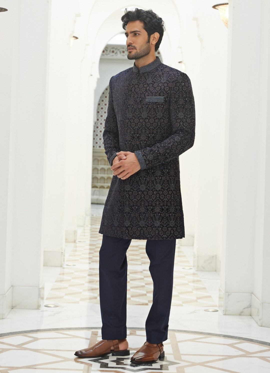 Midnight Blue Velvet Sherwani Set Nitika Gujral - Men - Fabilicious Fashion