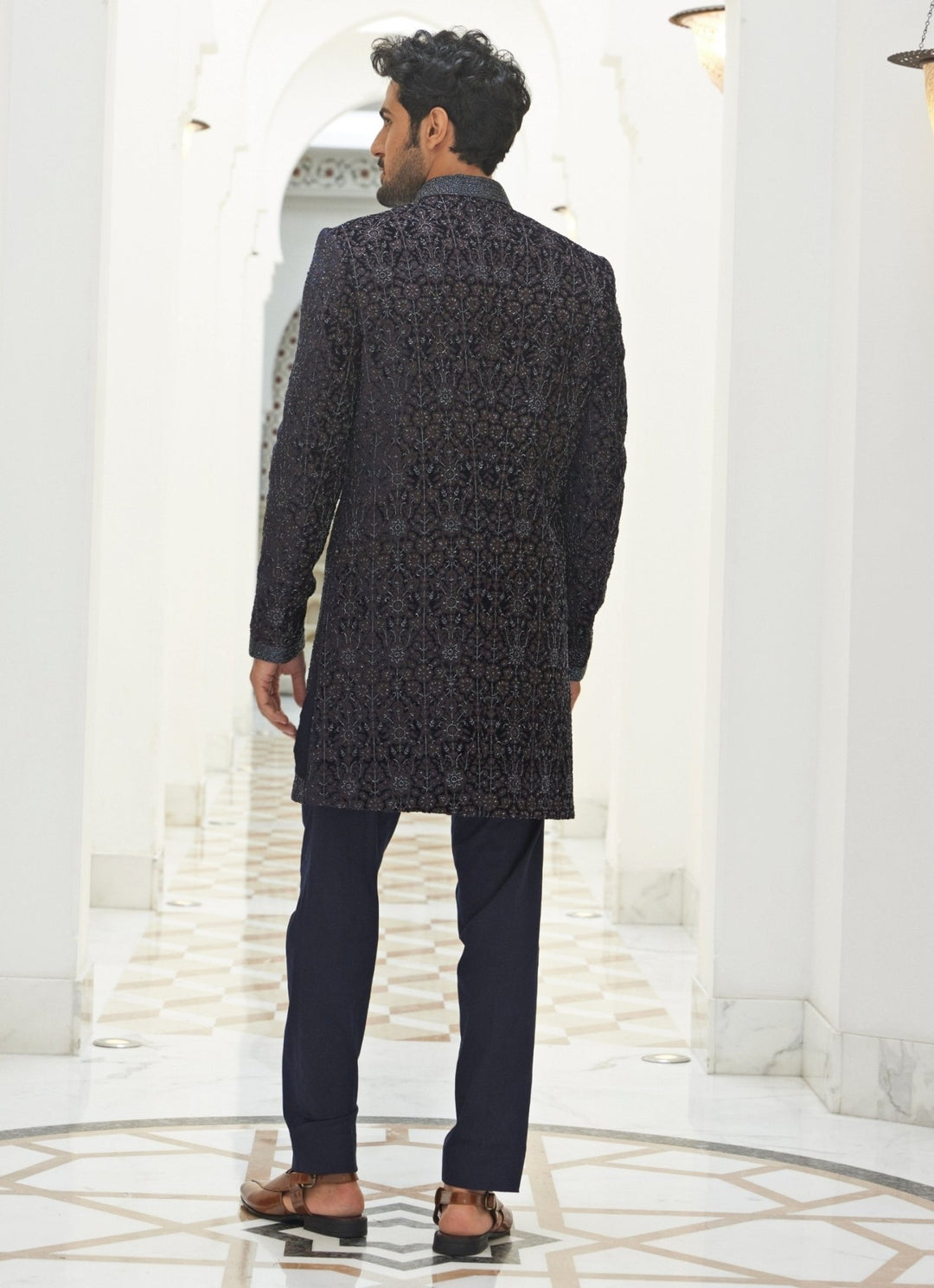 Midnight Blue Velvet Sherwani Set Nitika Gujral - Men - Fabilicious Fashion