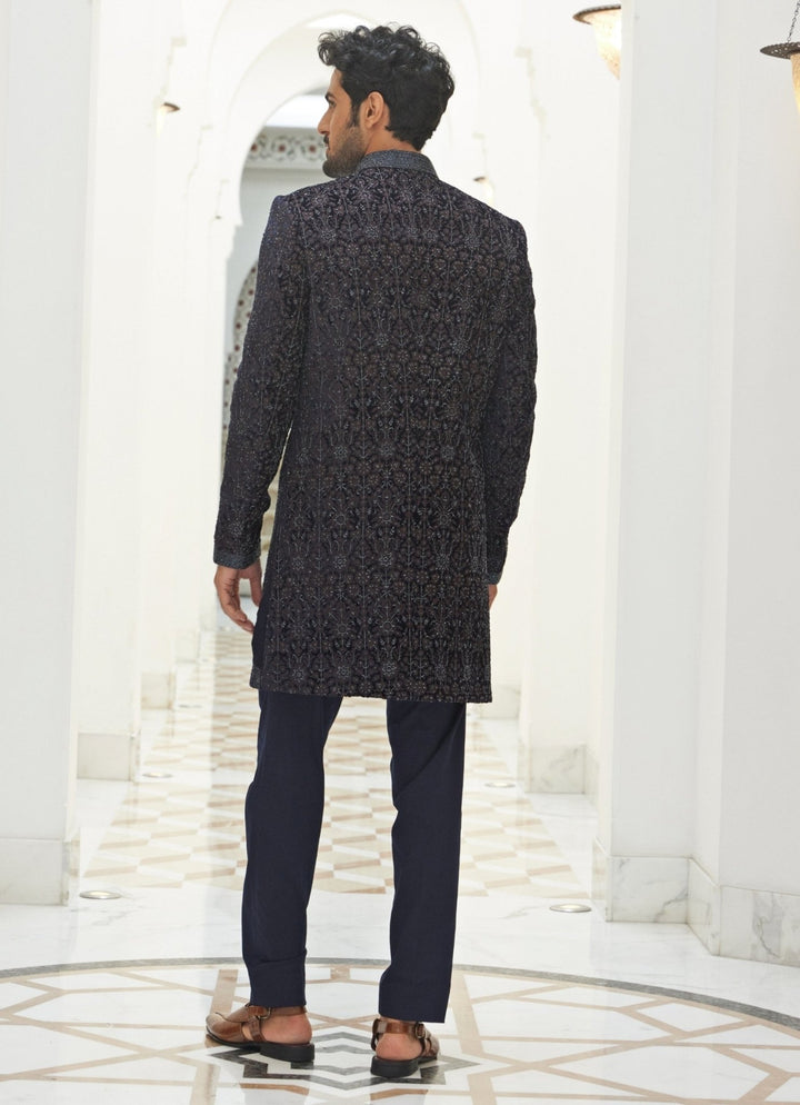 Midnight Blue Velvet Sherwani Set Nitika Gujral - Men - Fabilicious Fashion