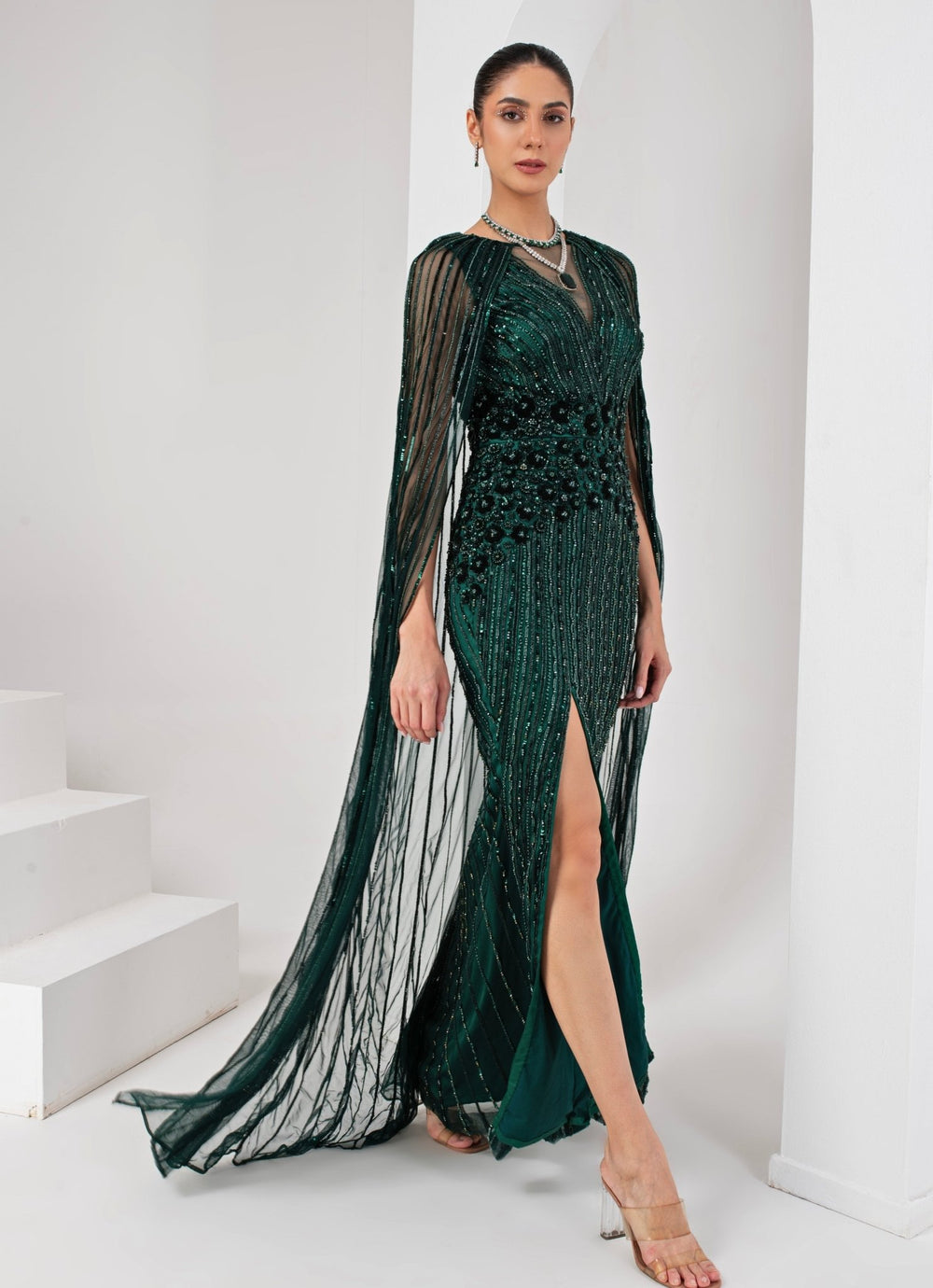 Midnight Green Embroidered Gown with Cape Akara - Fabilicious Fashion