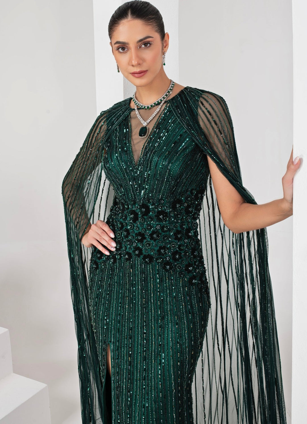 Midnight Green Embroidered Gown with Cape Akara - Fabilicious Fashion