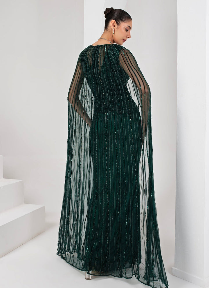 Midnight Green Embroidered Gown with Cape Akara - Fabilicious Fashion