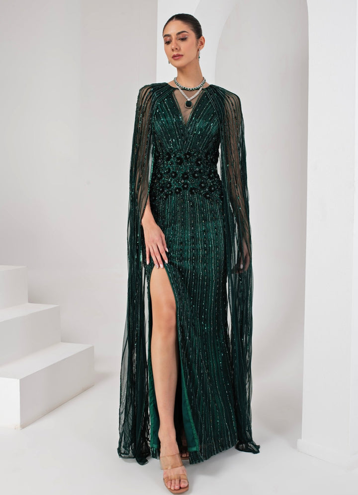 Midnight Green Embroidered Gown with Cape Akara - Fabilicious Fashion
