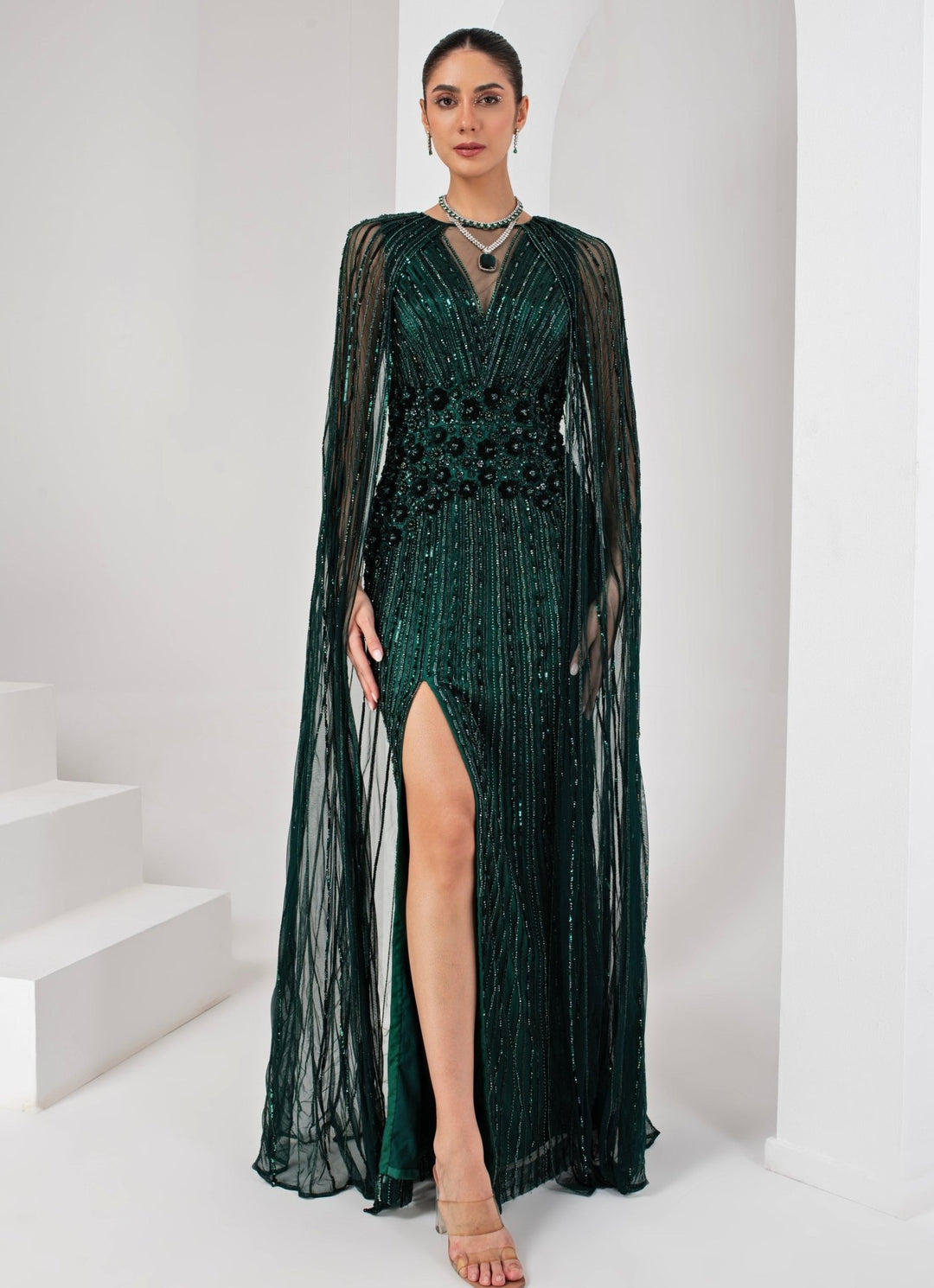 Midnight Green Embroidered Gown with Cape Akara - Fabilicious Fashion