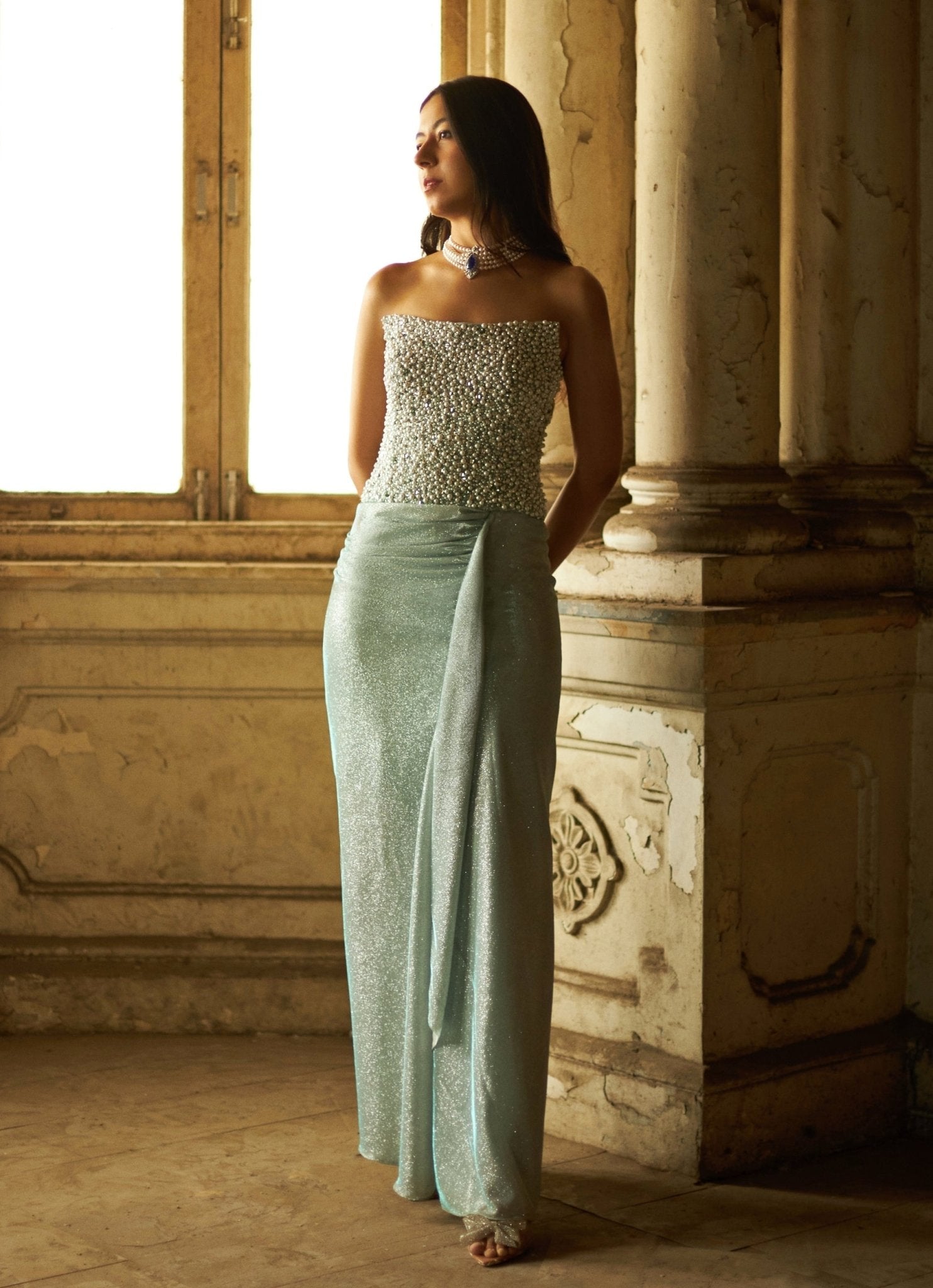 Duara mint blue draped shimmer skirt with crystal corset — corset styles for cocktail events