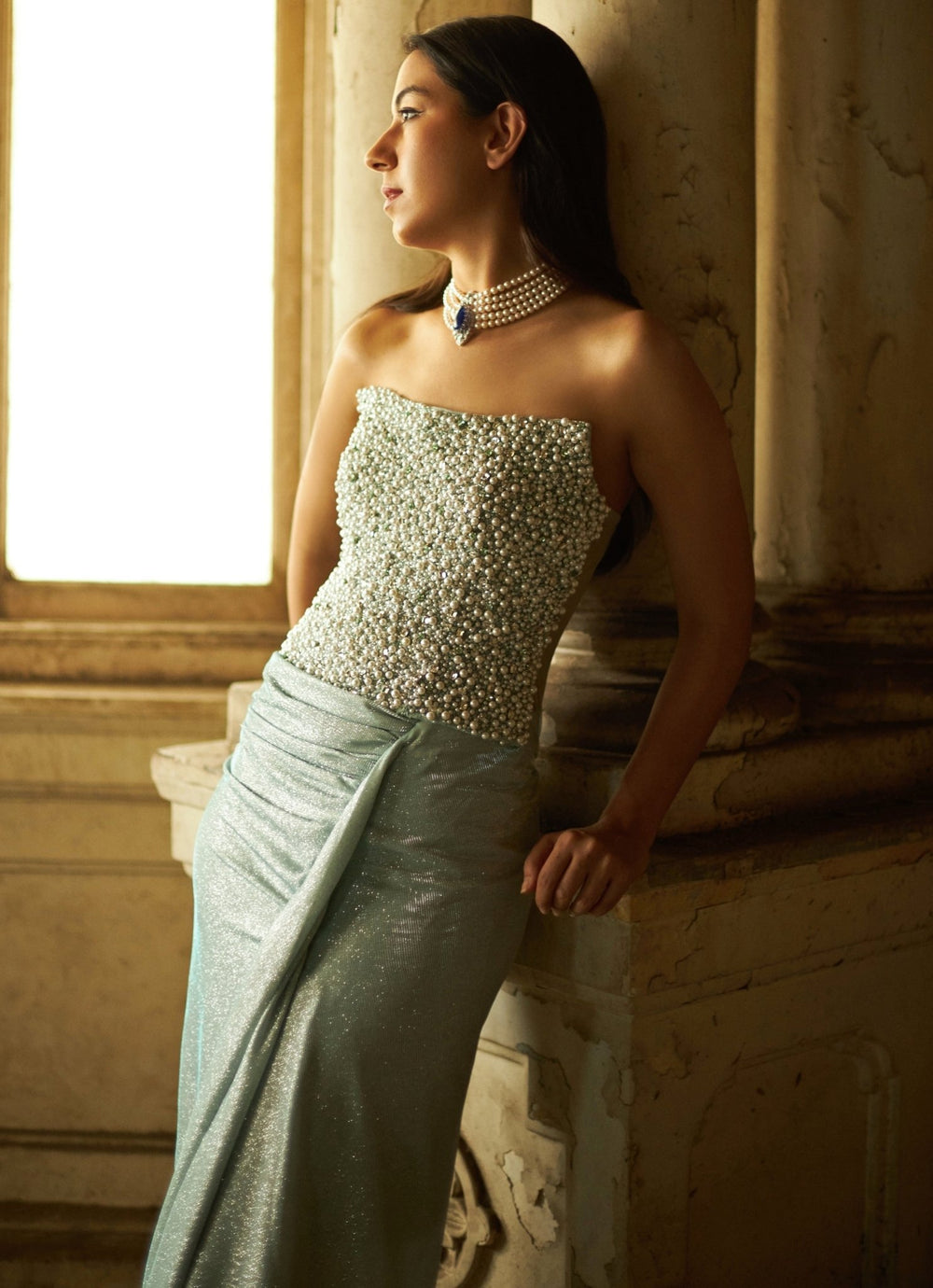 Mint Blue Draped Shimmer Skirt With Crystal Corset Duara - Fabilicious Fashion