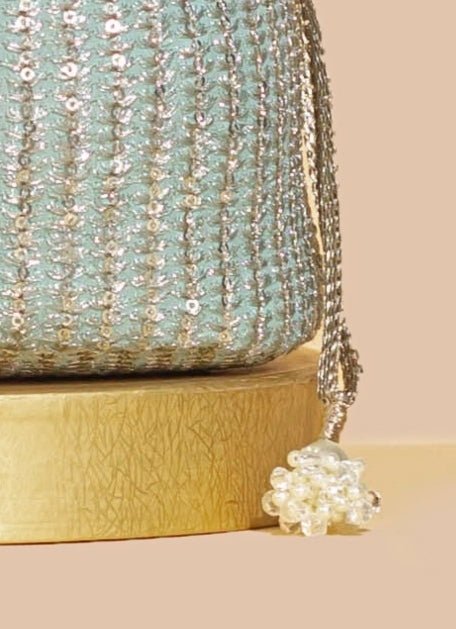 Mint Blue Embellished Bucket Bag AMYRA - Fabilicious Fashion