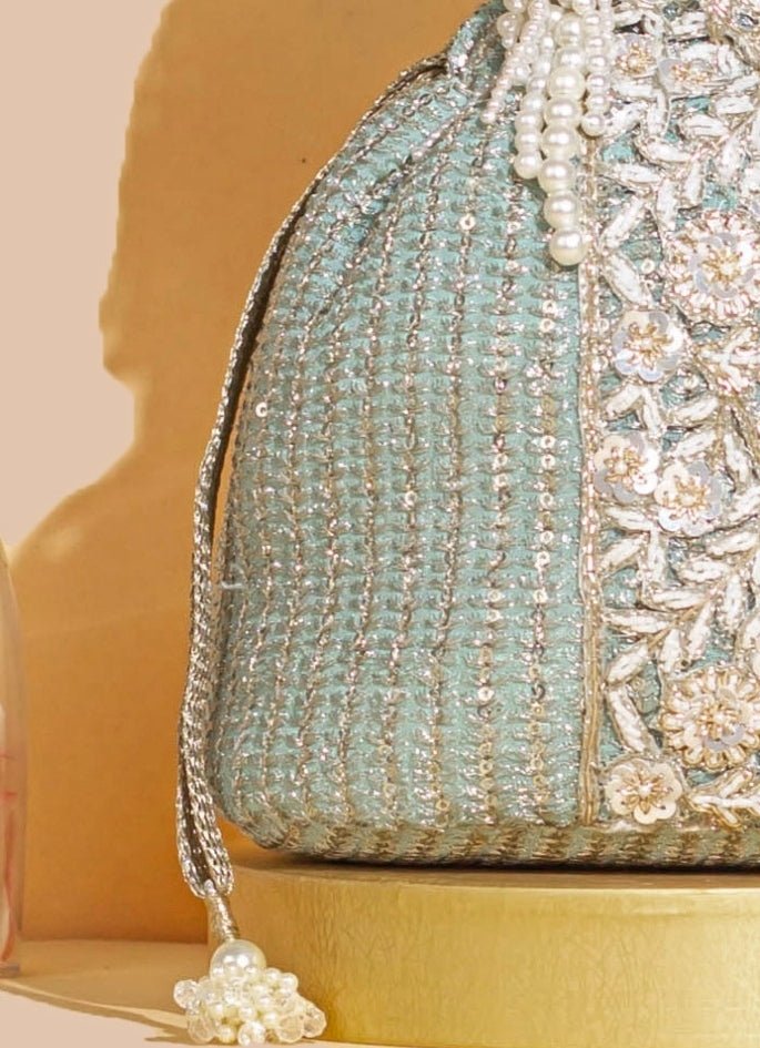 Mint Blue Embellished Bucket Bag AMYRA - Fabilicious Fashion