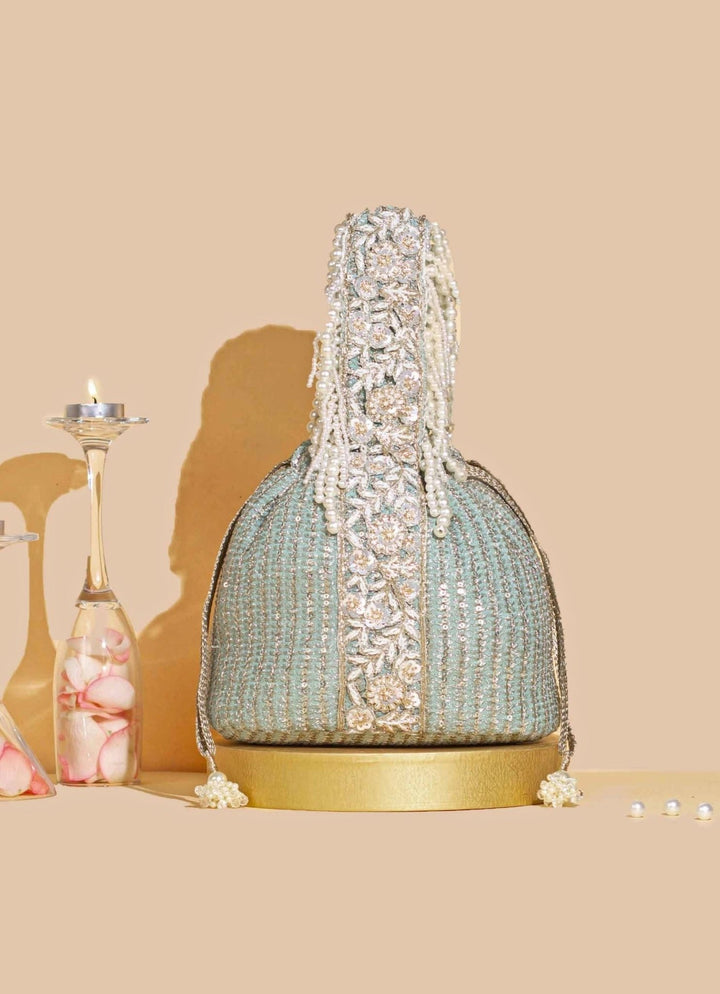 Mint Blue Embellished Bucket Bag AMYRA - Fabilicious Fashion