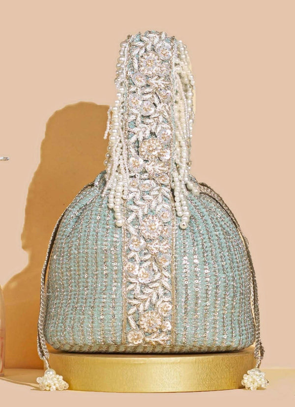Mint Blue Embellished Bucket Bag