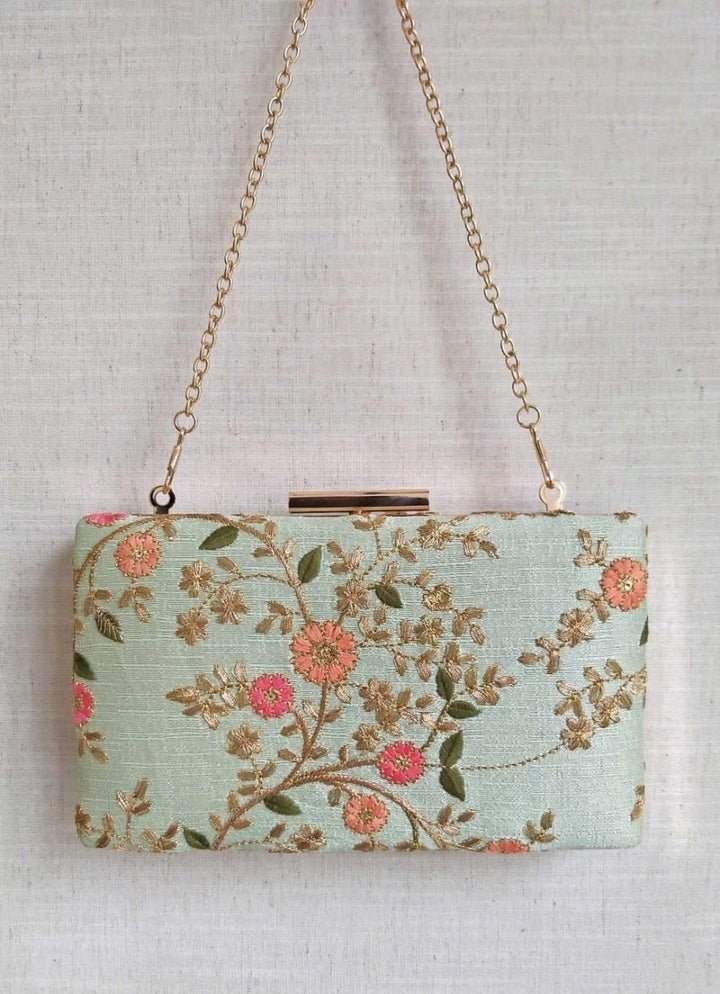 Mint Blue Embroidered Clutch AMYRA - Fabilicious Fashion