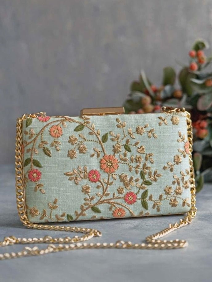 Mint Blue Embroidered Clutch AMYRA - Fabilicious Fashion