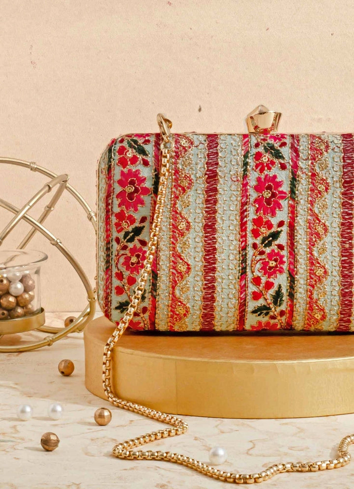 Mint Blue Embroidered Clutch AMYRA - Fabilicious Fashion