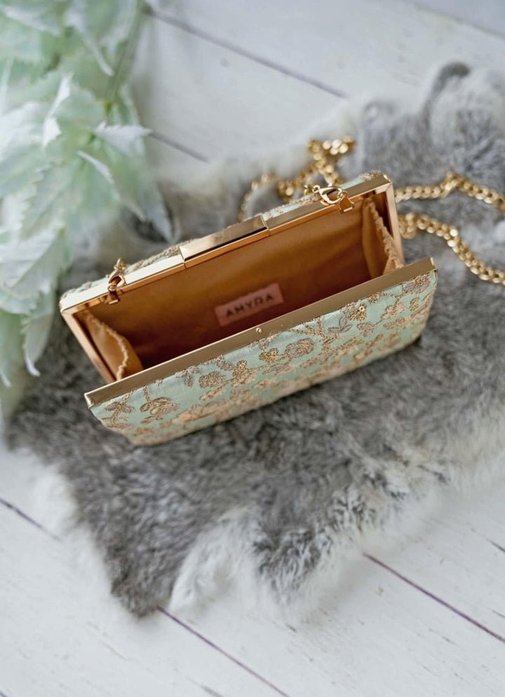 Mint Blue Embroidered Clutch AMYRA - Fabilicious Fashion