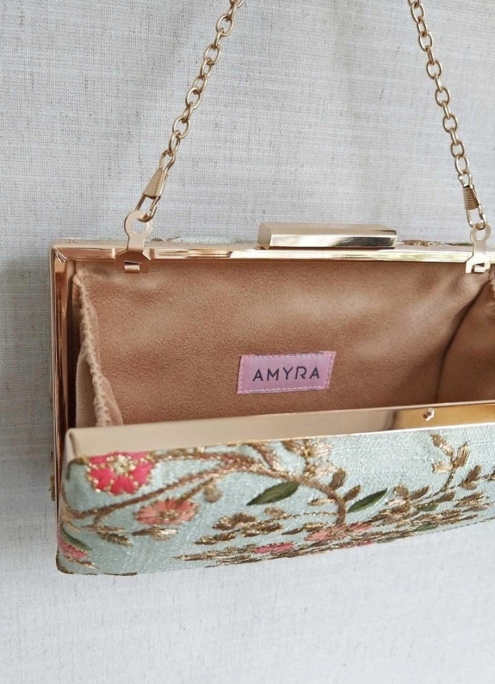 Mint Blue Embroidered Clutch AMYRA - Fabilicious Fashion