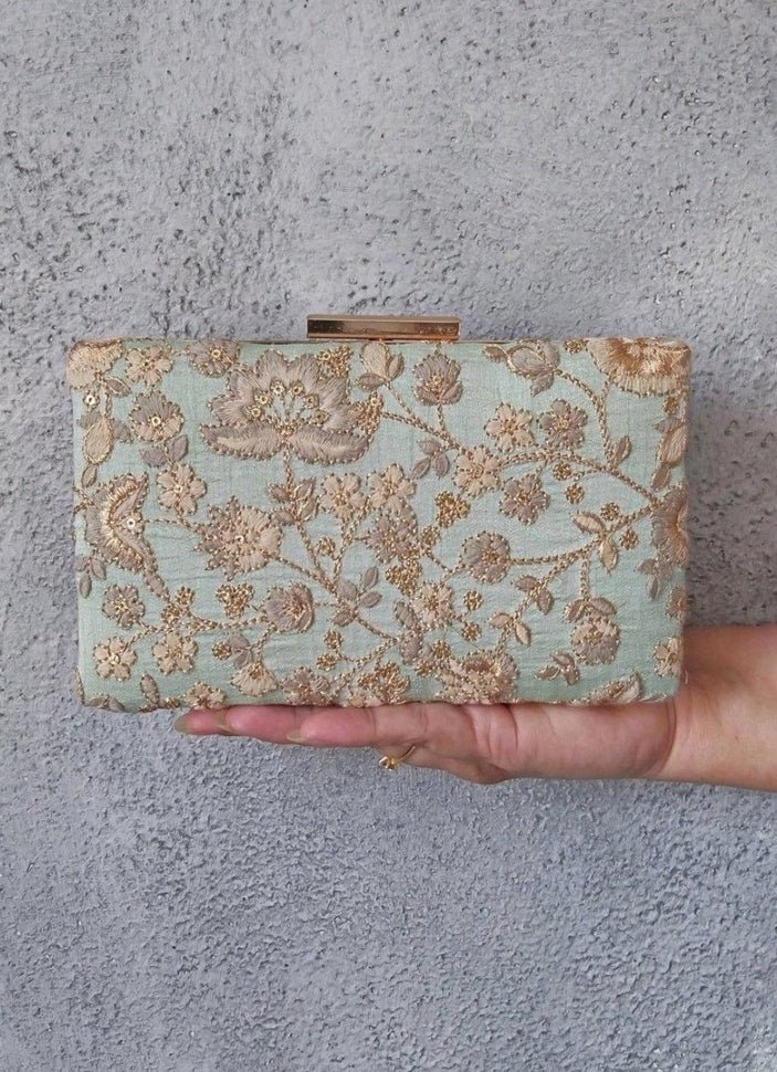 Mint Blue Embroidered Clutch AMYRA - Fabilicious Fashion