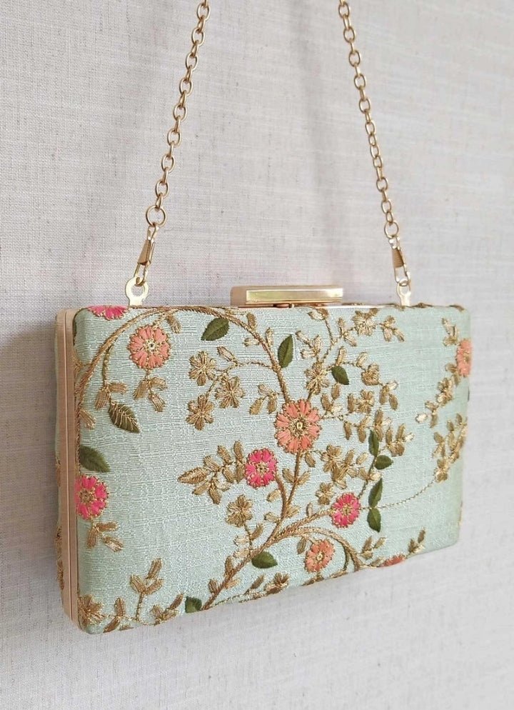 Mint Blue Embroidered Clutch AMYRA - Fabilicious Fashion