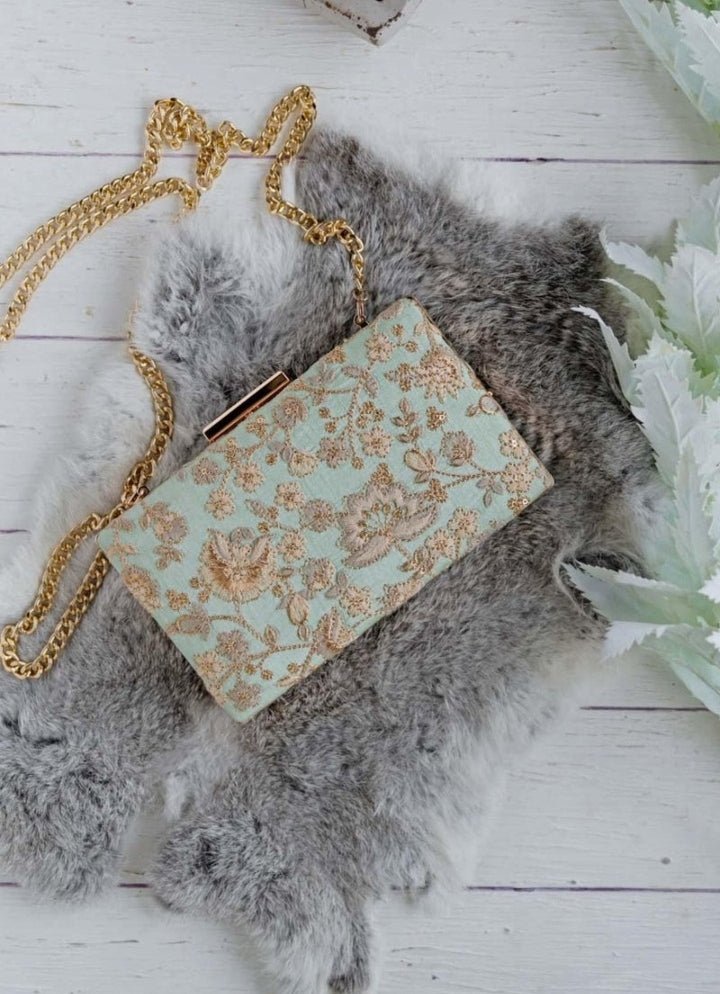 Mint Blue Embroidered Clutch AMYRA - Fabilicious Fashion