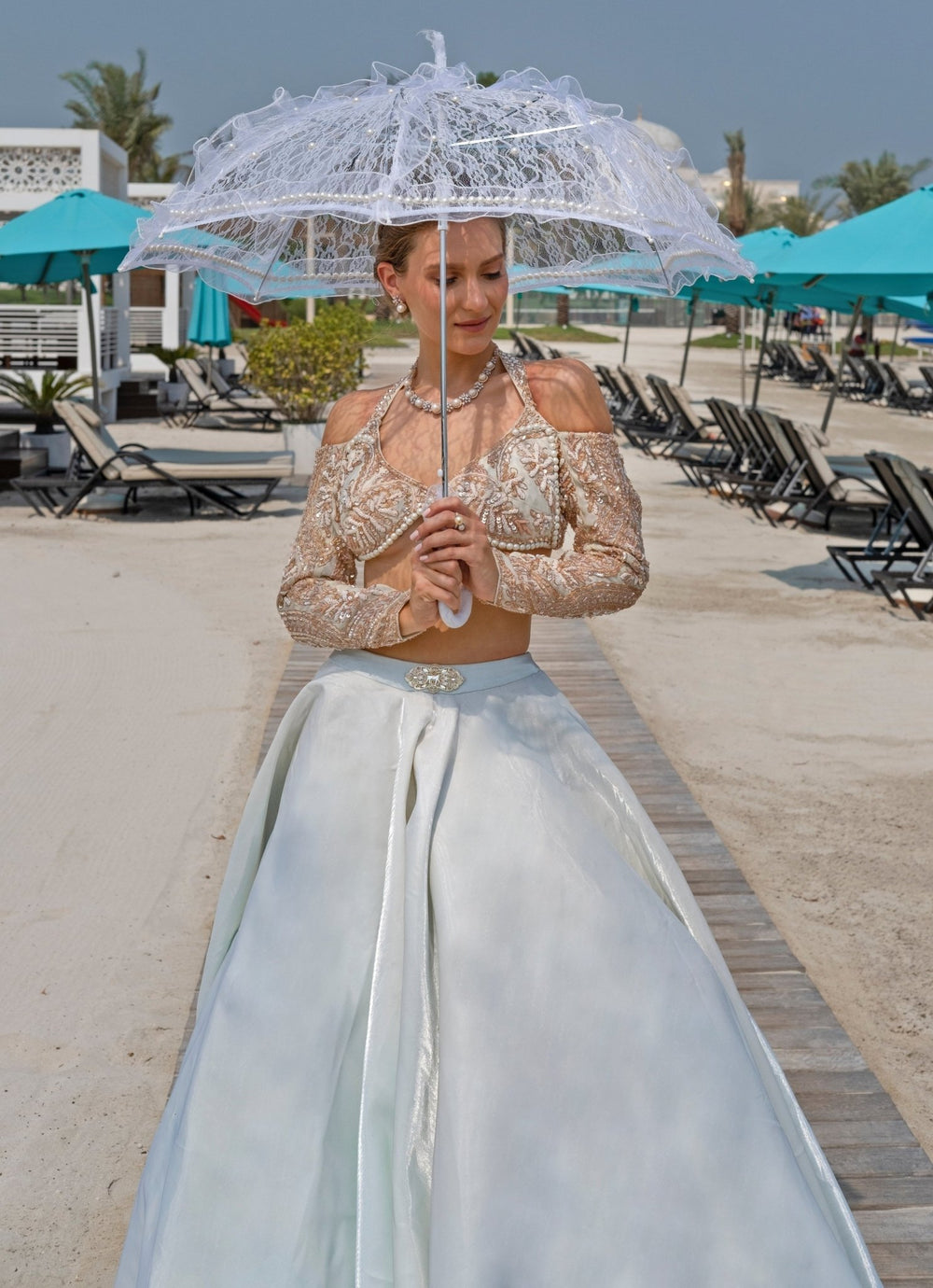 Mint Blue Embroidered Organza Lehenga Set Jigar and Nikita - Fabilicious Fashion