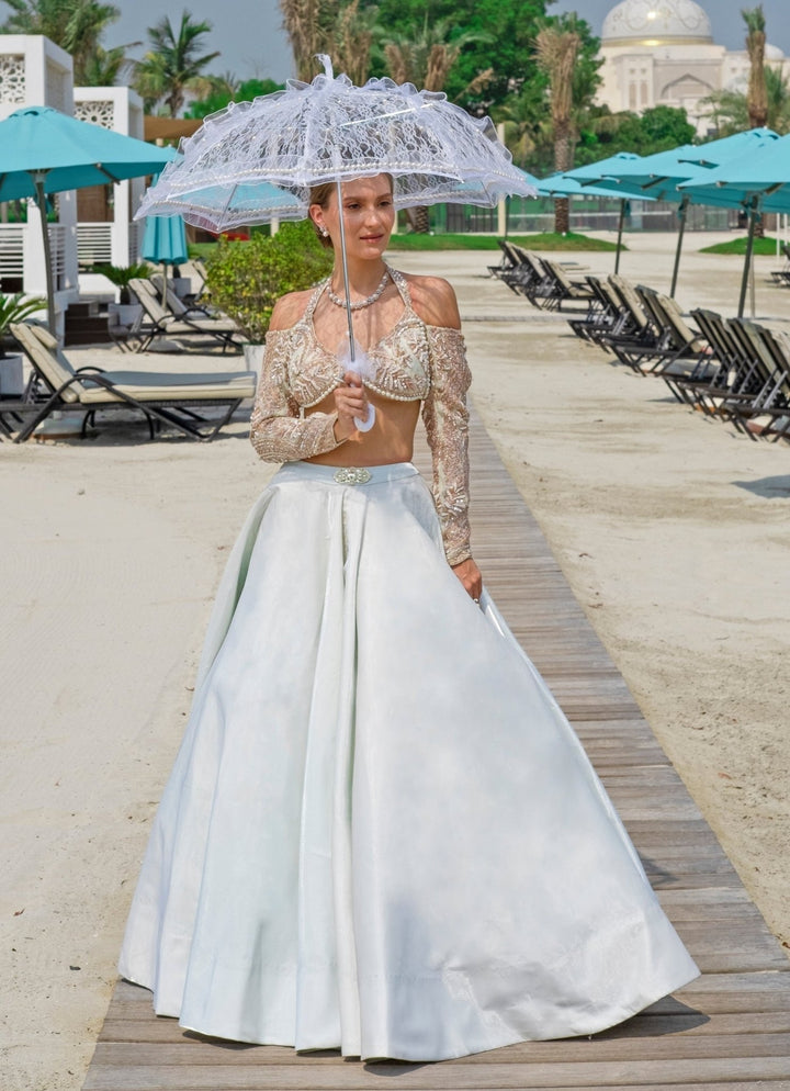Mint Blue Embroidered Organza Lehenga Set Jigar and Nikita - Fabilicious Fashion